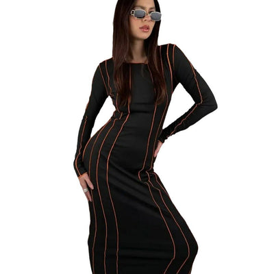 Damen figurbetontes Midikleid mit modernen Streifen und langen Ärmeln Heidi-Mode