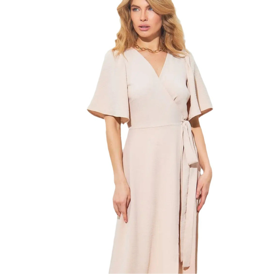 Damen Wickelkleid mit voluminösen Ärmeln und tiefem Schlitz Heidi-Mode