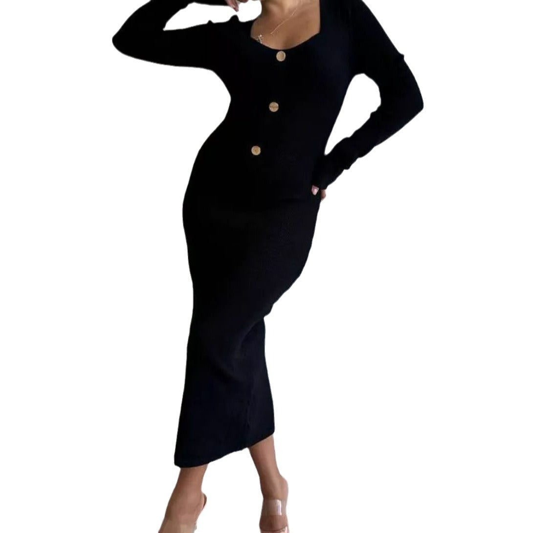 Damen StrickMaxikleid mit tiefem V-Ausschnitt und Knopfdetails Heidi-Mode