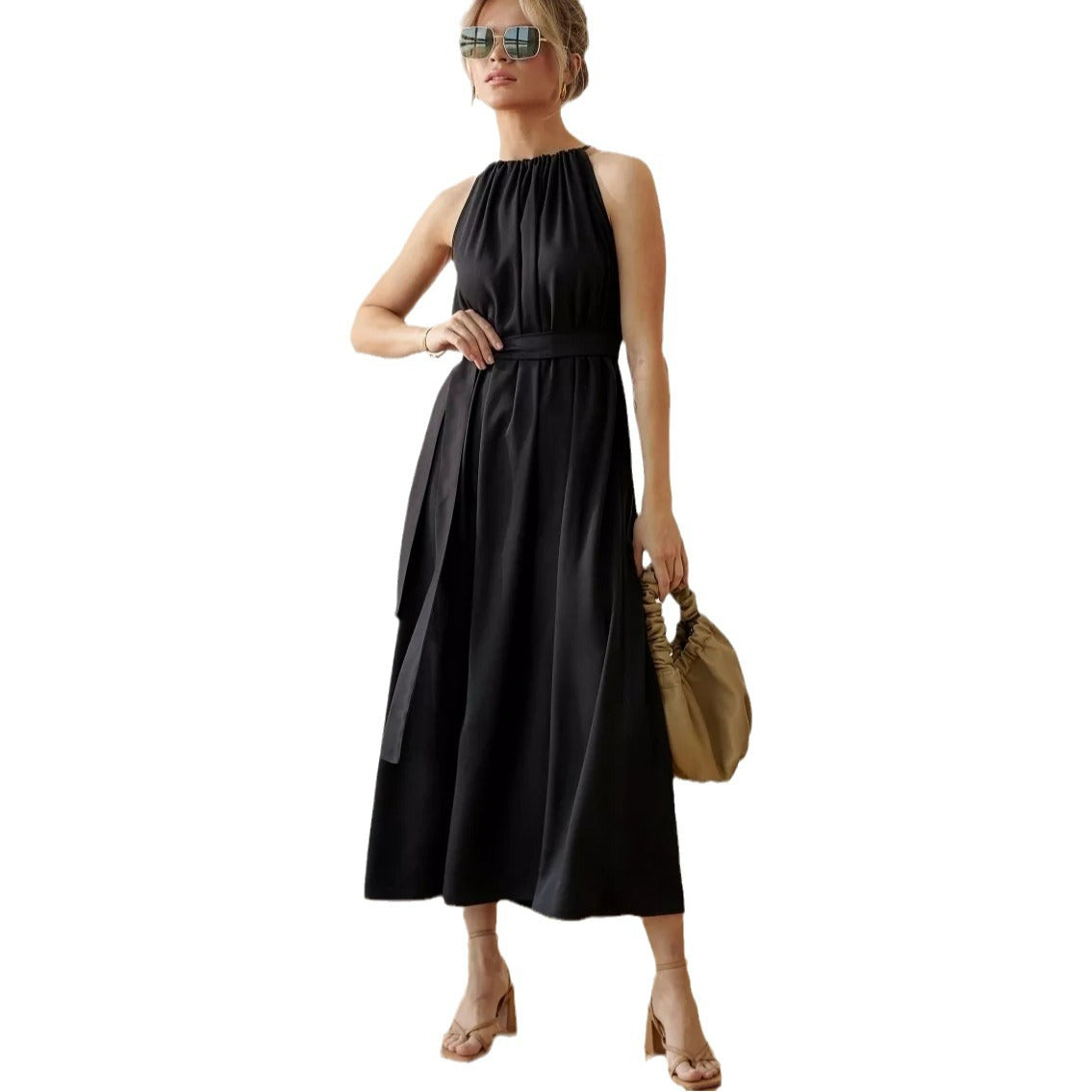 Damen Maxikleid mit gerafftem Ausschnitt und Taillengürtel Heidi-Mode