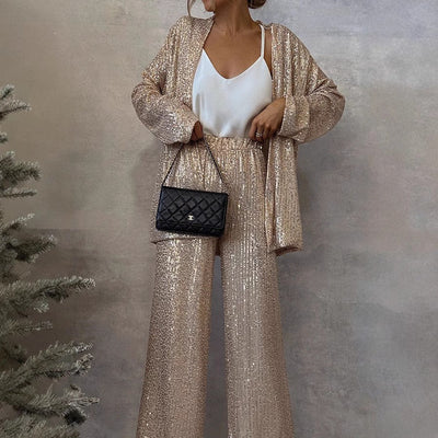 Damen Glitzerndes Lounge-Set mit weitem Schnitt und eleganter, offener Jacke Heidi-Mode