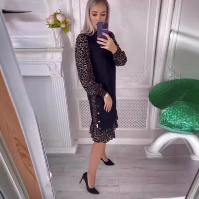 Damen Kleines Schwarzes Kleid mit Tiermuster und Rüschensaum Heidi-Mode