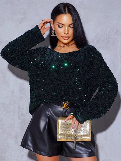 Damen Glitzerndes Oversized Oberteil mit funkelnden Pailletten Heidi-Mode