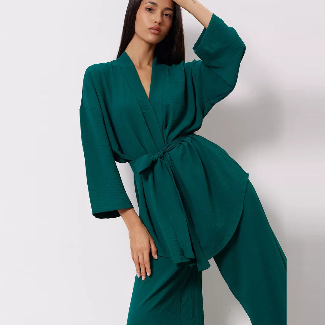 Damen eleganter Kimono-Style Morgenmantel mit stilvollem Gürtel und langen Ärmeln Heidi-Mode