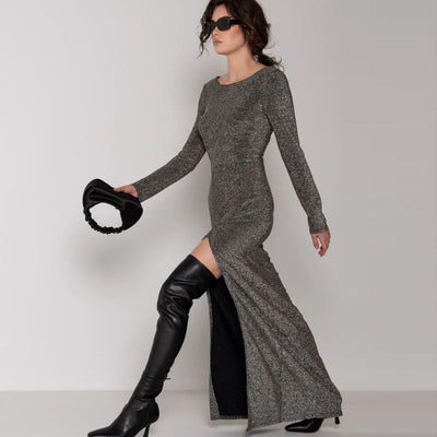 Damen Glamouröses Maxikleid mit langem Arm und eleganter Rückenansicht Heidi-Mode