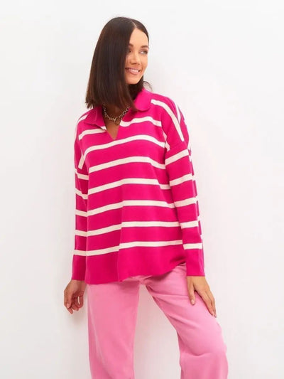 Damen lässiger Strickpullover mit klassischem Polokragen und modischem Streifenmuster Heidi-Mode