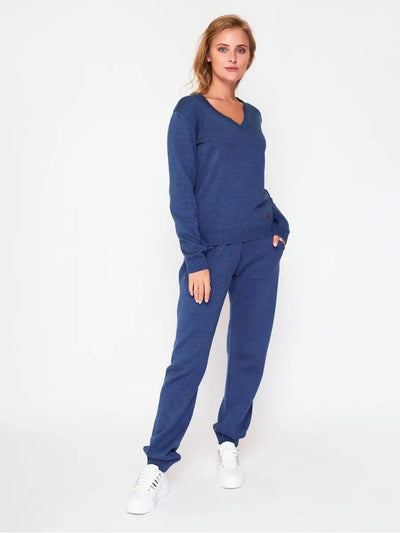 Damen Strickpullover mit tiefem V-Ausschnitt und bequemen Hosen Heidi-Mode