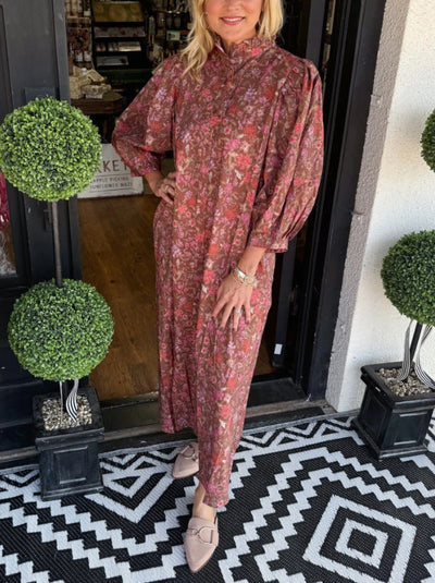 Damen Maxi-Hemdkleid mit botanischem Druck und eleganten Puffärmeln Heidi-Mode