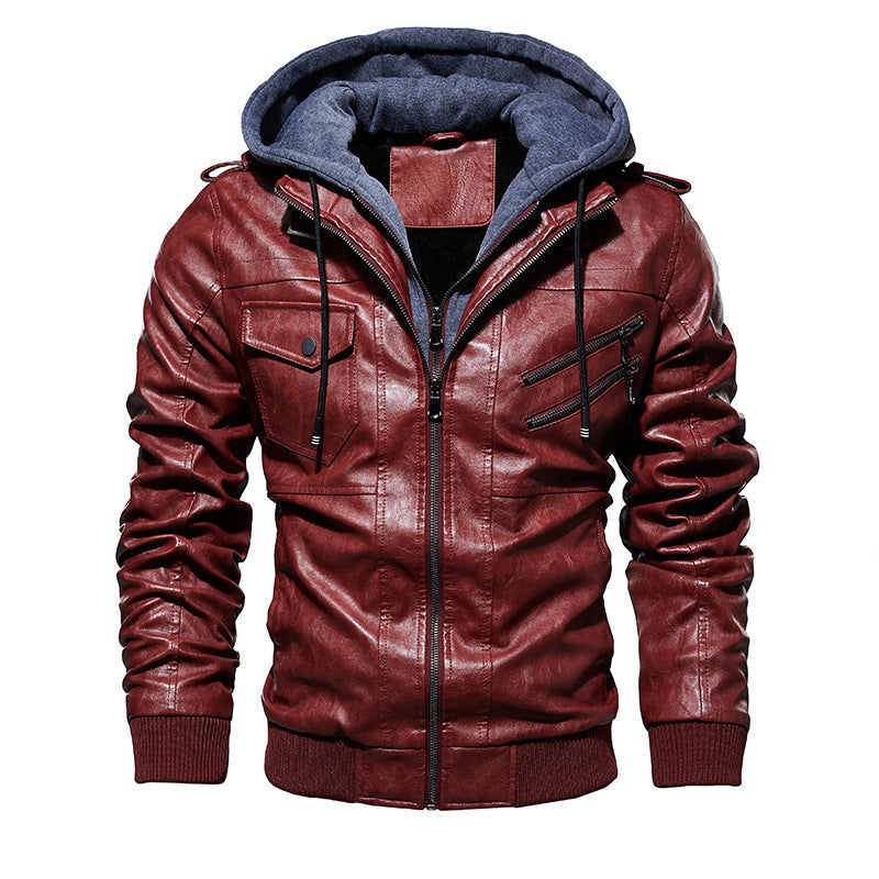 Herren Lederjacke mit Kapuze und Taschen