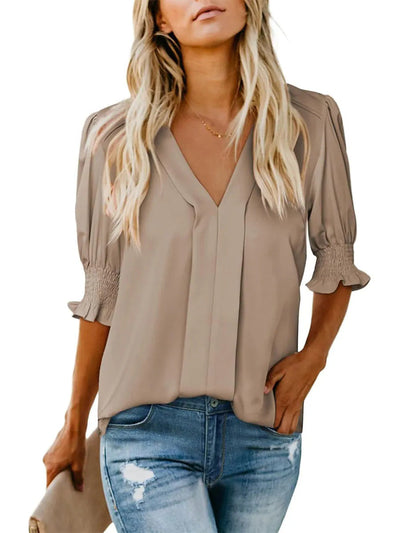 Damen elegante Bluse mit V-Ausschnitt und Rüschendetails Heidi-Mode
