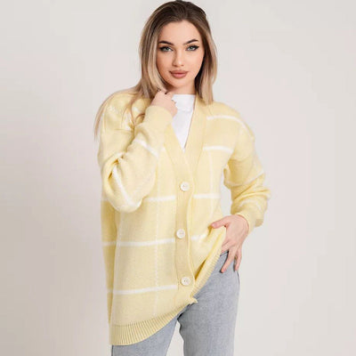 Damen lässiger Karoknitter-Cardigan mit Knöpfen und weitem Schnitt Heidi-Mode