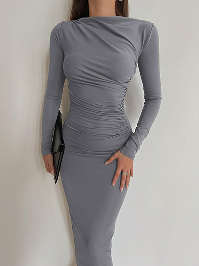 Damen figurbetontes Langarmkleid mit Raffung und elegantem Stehkragen Heidi-Mode