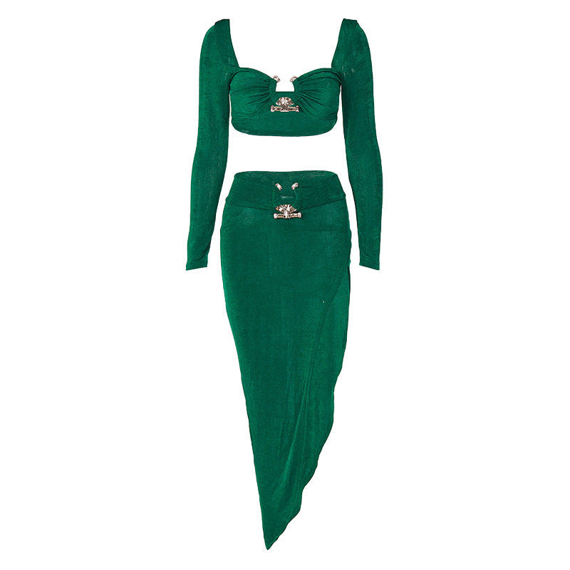 Damen Crop-Top mit langen Ärmeln und dekorativem Clipp-Verschluss Heidi-Mode