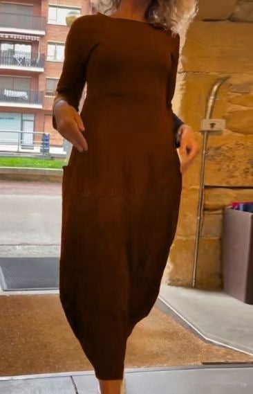 Damen Midi-Kleid mit asymmetrischem Saum und praktischen Taschen Heidi-Mode