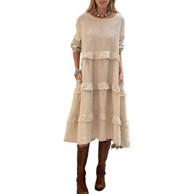 Damen Leinenkleid mit voluminösem Schichten-Design und seitlichen Taschen Heidi-Mode