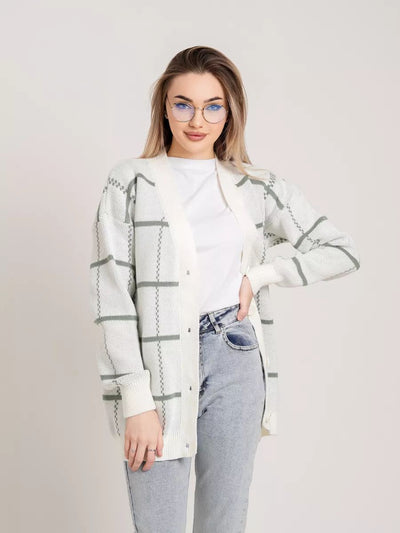 Damen lässiger Karoknitter-Cardigan mit Knöpfen und weitem Schnitt Heidi-Mode
