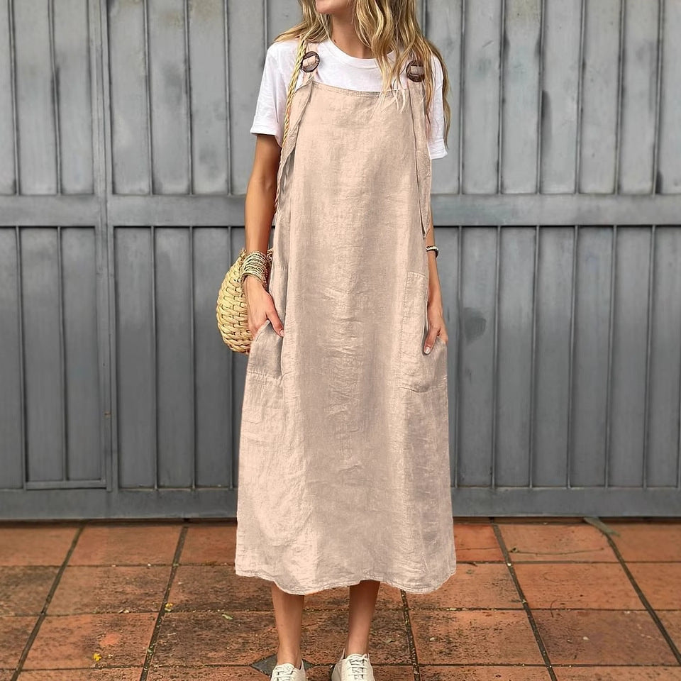 Damen Lässiges Leinenkleid mit praktischen Trägerdetails und großen Taschen Heidi-Mode