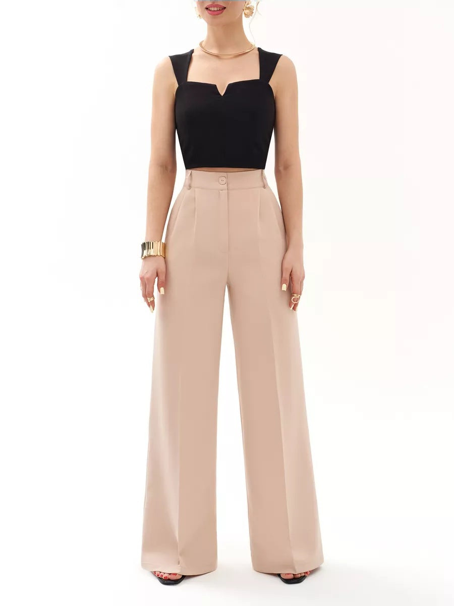 Damen elegantes Wickeloberteil mit voluminösen Ärmeln und hoch taillierten Palazzo-Hosen Heidi-Mode