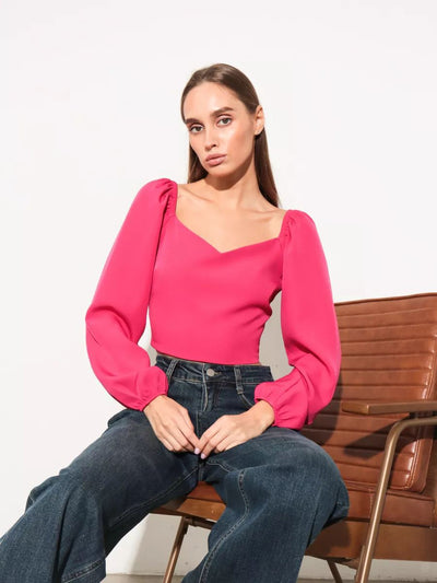 Damen Crop-Top mit herzförmigem Ausschnitt und Puffärmeln Heidi-Mode