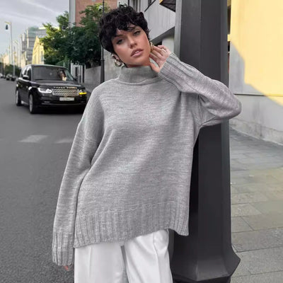 Damen Oversized Strickpullover mit hohem Kragen und seitlichen Schlitzen Heidi-Mode