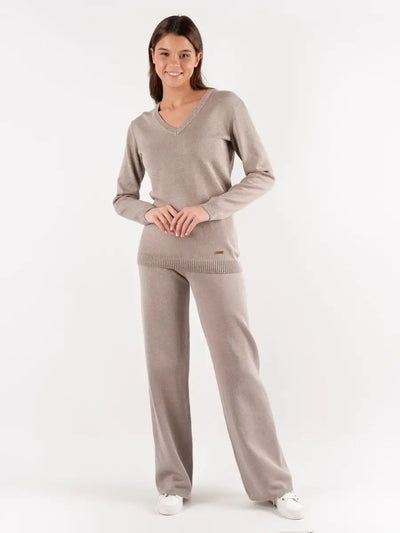 Damen Strickpullover mit tiefem V-Ausschnitt und bequemen Hosen Heidi-Mode