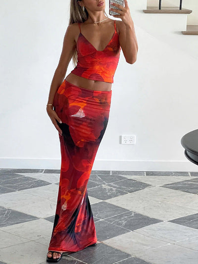 Damen Maxi-Kleid mit tiefem V-Ausschnitt und ansprechendem floralem Design Heidi-Mode