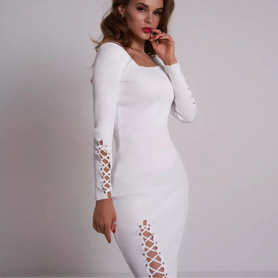 Damen figurbetontes Kleid mit seitlichen Cut-Outs und Rippstrickstruktur Heidi-Mode