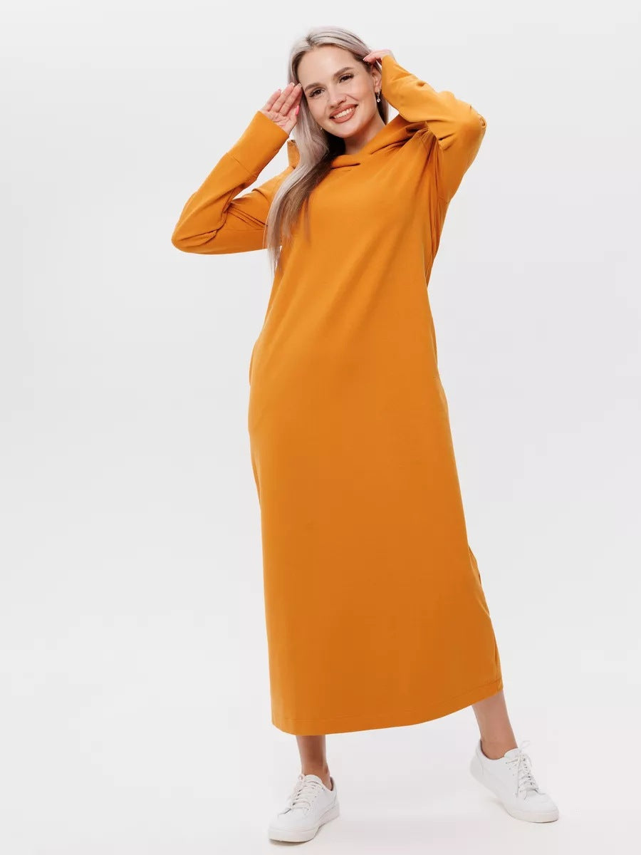 Damen kuscheliges Sweatkleid mit Kapuze und Eingrifftaschen Heidi-Mode