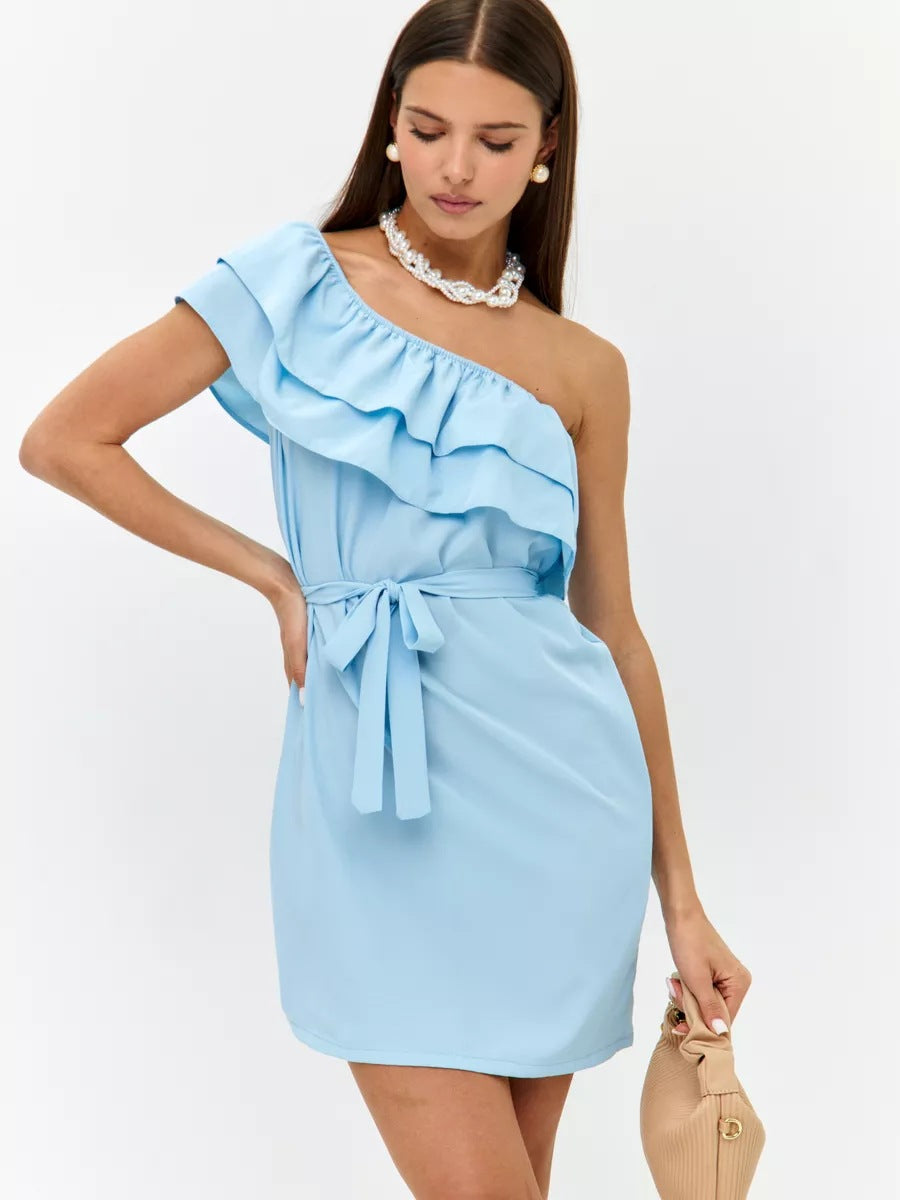 Damen Ein-Schulter Kleid mit voluminösem Rüschensaum und taillierbarem Gürtel Heidi-Mode