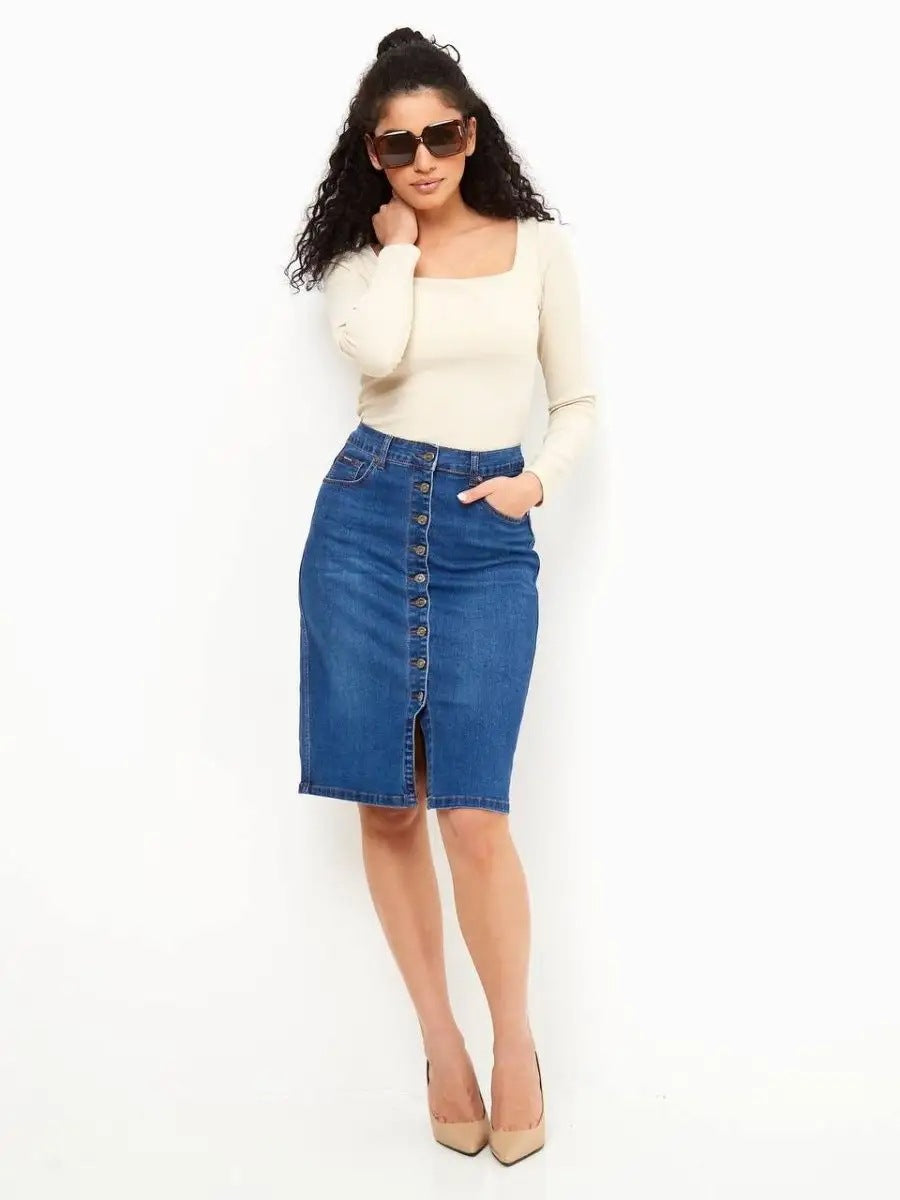 Damen Midirock mit Knopfdetails und seitlichem Schlitz Heidi-Mode