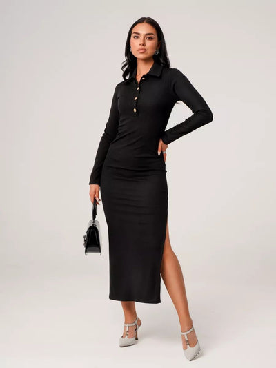 Damen figurbetontes Maxikleid mit Polokragen und seitlichem Schlitz Heidi-Mode