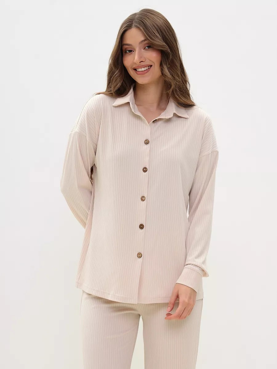 Damen gestreiftes Komfort-Set mit Knopfverschluss und lässigem Schnitt Heidi-Mode