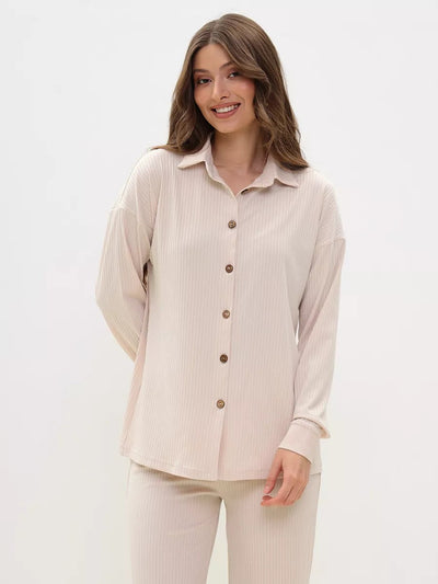 Damen gestreiftes Komfort-Set mit Knopfverschluss und lässigem Schnitt Heidi-Mode