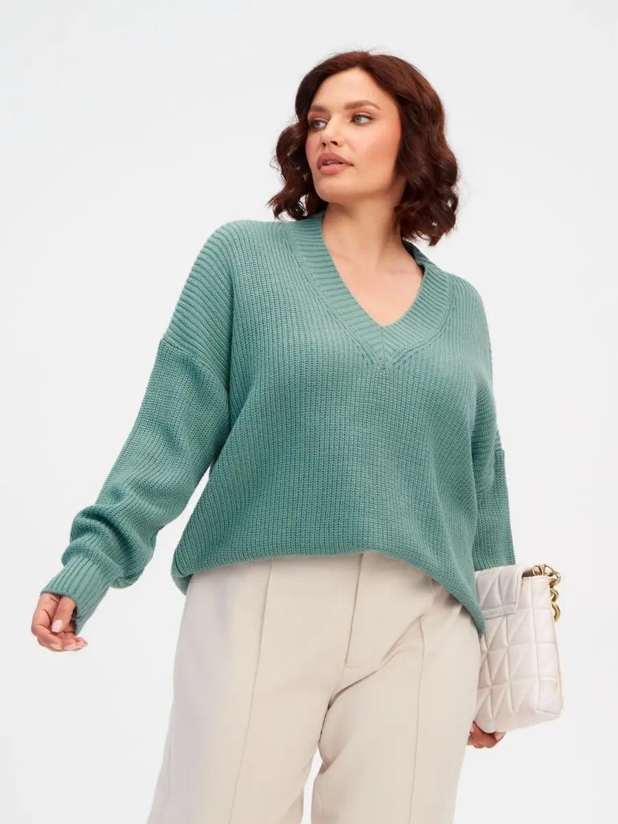 Damen lässiger Strickpullover mit V-Ausschnitt und übergroßen Ärmeln Heidi-Mode