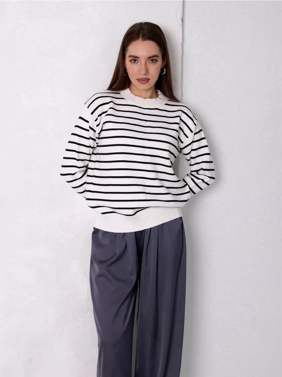 Damen lässiger Streifenpullover mit weitem Schnitt und hochgeschlossenem Rundhalsausschnitt Heidi-Mode