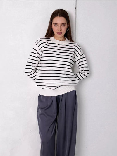 Damen lässiger Streifenpullover mit weitem Schnitt und hochgeschlossenem Rundhalsausschnitt Heidi-Mode