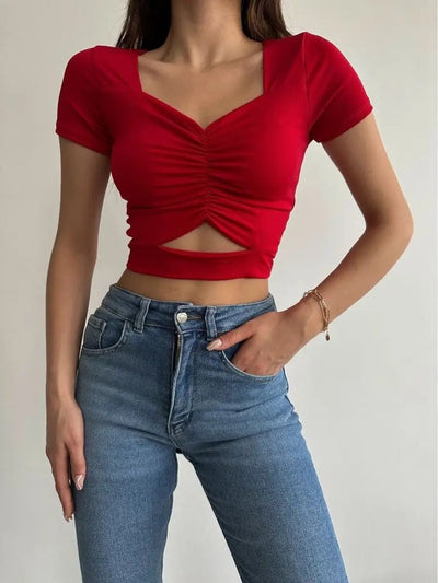 Damen figurbetontes Oberteil mit V-Ausschnitt und gerafftem Design Heidi-Mode