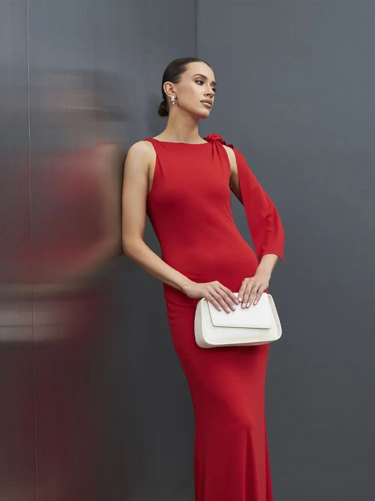 Damen Elegantes langes Kleid mit asymmetrischem Ärmel und figurbetontem Schnitt Heidi-Mode