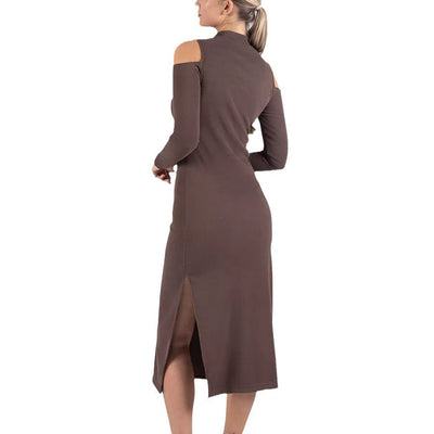 Damen figurbetontes Off-Shoulder-Midikleid mit langem Arm und seitlichem Schlitz Heidi-Mode