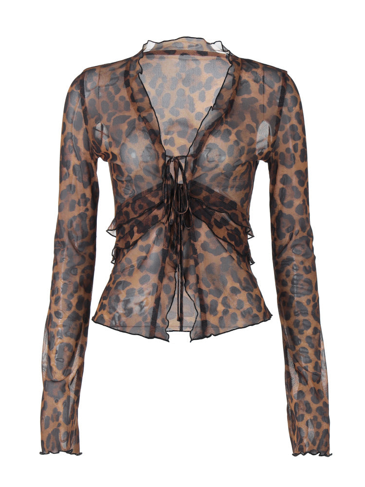 Damen Leopardmuster Bluse mit Rüschendetails und Schnürung Heidi-Mode