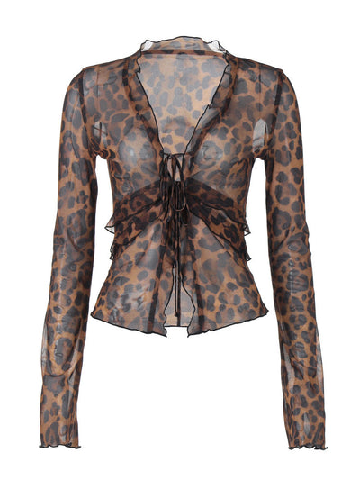 Damen Leopardmuster Bluse mit Rüschendetails und Schnürung Heidi-Mode