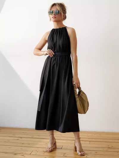 Damen Maxikleid mit gerafftem Ausschnitt und Taillengürtel Heidi-Mode