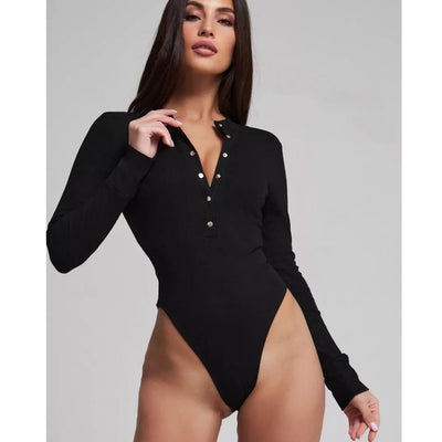 Damen langärmeliger Bodysuit mit Knopfdetails und tiefem Ausschnitt Heidi-Mode