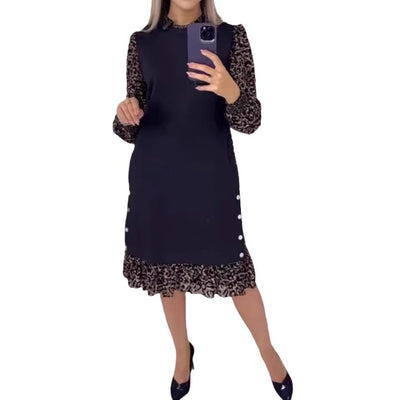 Damen Kleines Schwarzes Kleid mit Tiermuster und Rüschensaum Heidi-Mode