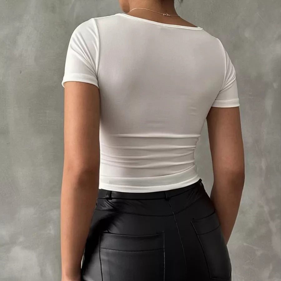 Damen figurbetontes Oberteil mit V-Ausschnitt und gerafftem Design Heidi-Mode