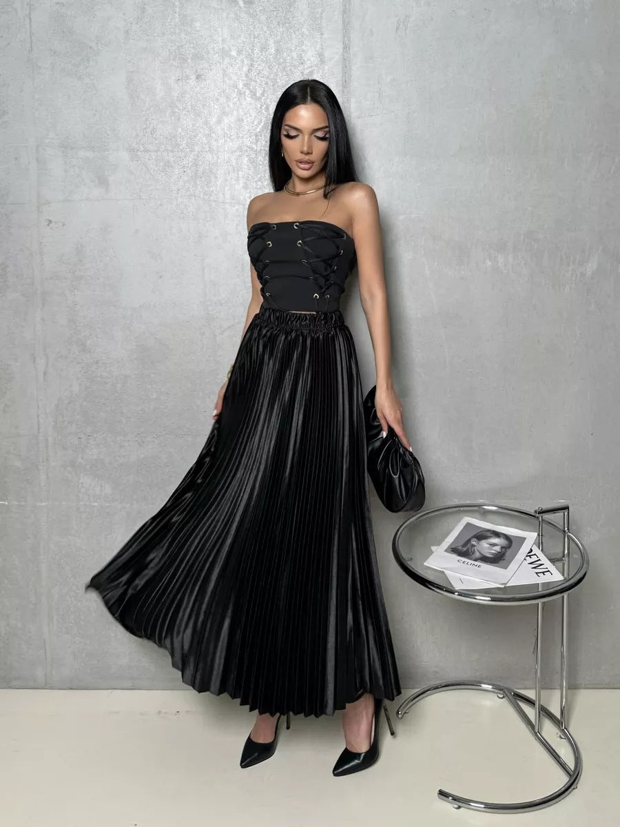 Damen Kombination aus schulterfreiem Oberteil und plissiertem Maxirock Heidi-Mode