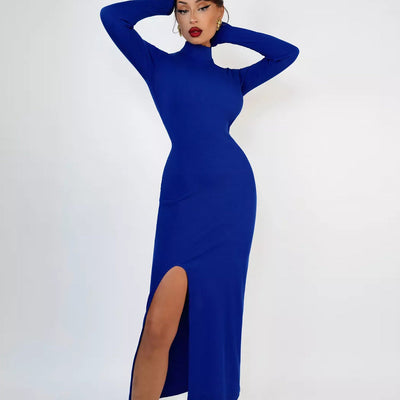 Damen elegantes Strickkleid mit hochgeschlossenem Rollkragen und seitlichem Schlitz Heidi-Mode