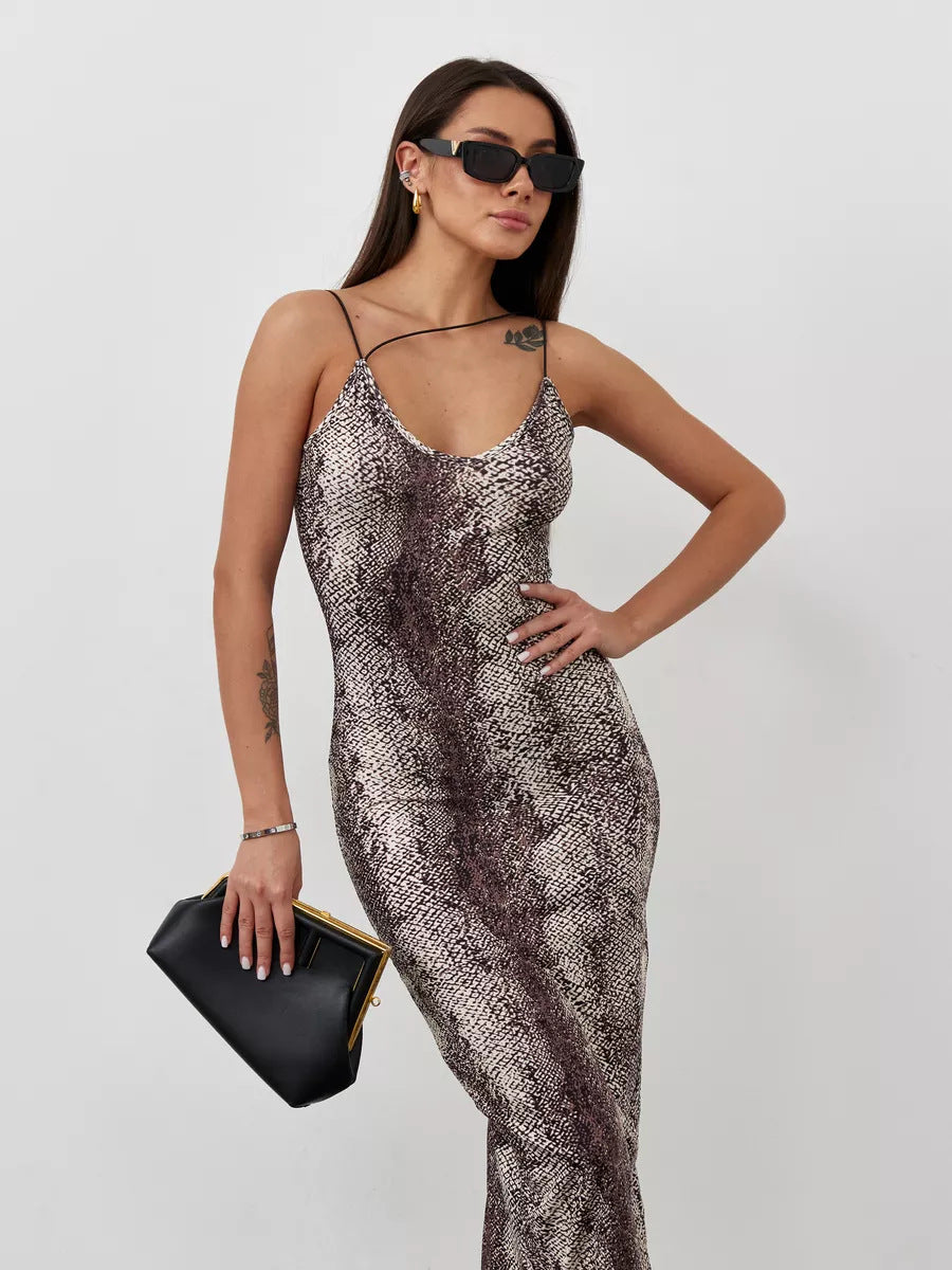 Damen figurbetontes Leopardmuster Jumpsuit mit Spaghettiträgern und tiefem Ausschnitt Heidi-Mode