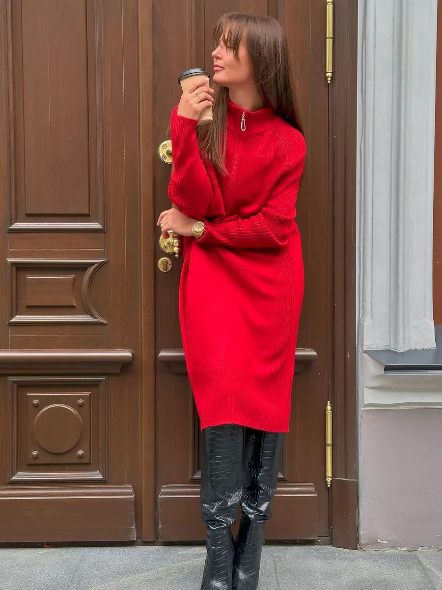 Damen Strickkleid mit kurzem Reißverschluss und lässigem Raglan-Schnitt Heidi-Mode