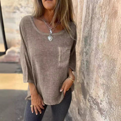 Damen lässiges Linenshirt mit praktischer Brusttasche und weitem Schnitt Heidi-Mode